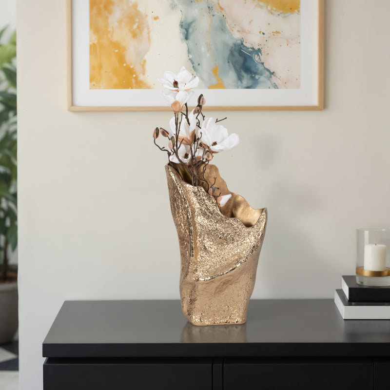 18" Organic Edge Metal Vase, Champagne - Al Rugaib Furniture