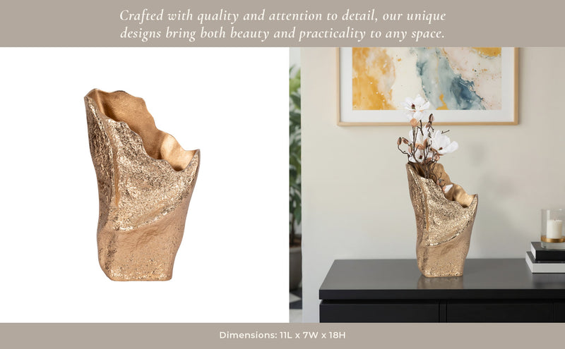 18" Organic Edge Metal Vase, Champagne - Al Rugaib Furniture