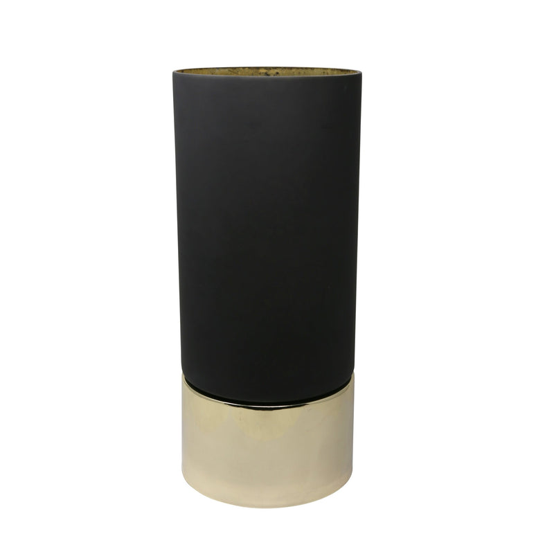 18.75" Glass Hurricane W/ Metal Base, Black/Gold - Al Rugaib Furniture