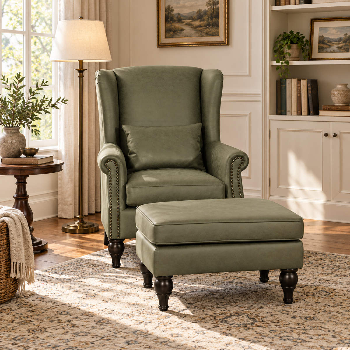 Saddle Green Leather Chair+Ottoman