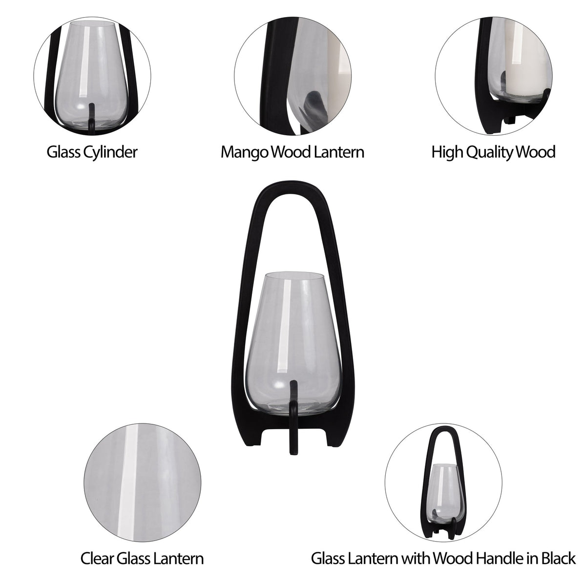 18"H GLASS LANTERN W/ WOOD HANDLE, BLACK Candle Holders| Sagebrook Home