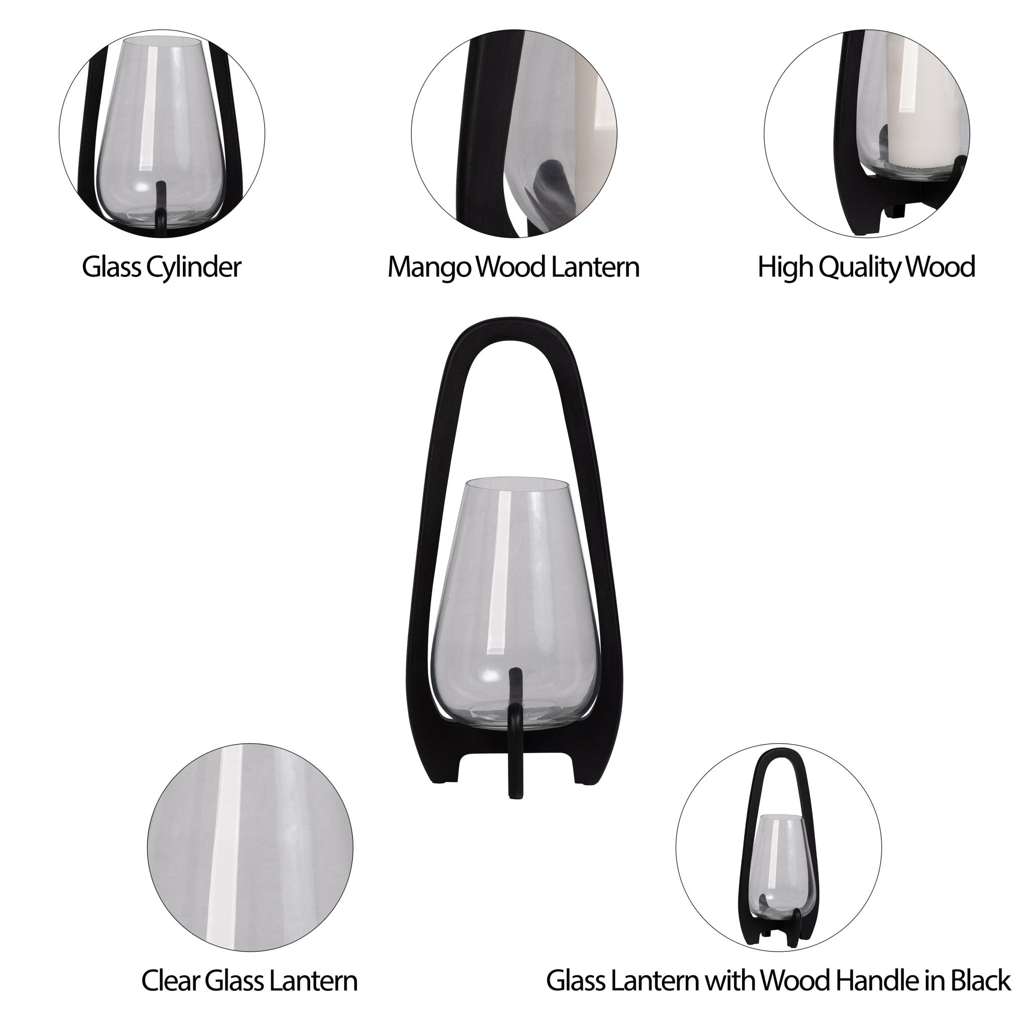 18"H GLASS LANTERN W/ WOOD HANDLE, BLACK Candle Holders| Sagebrook Home