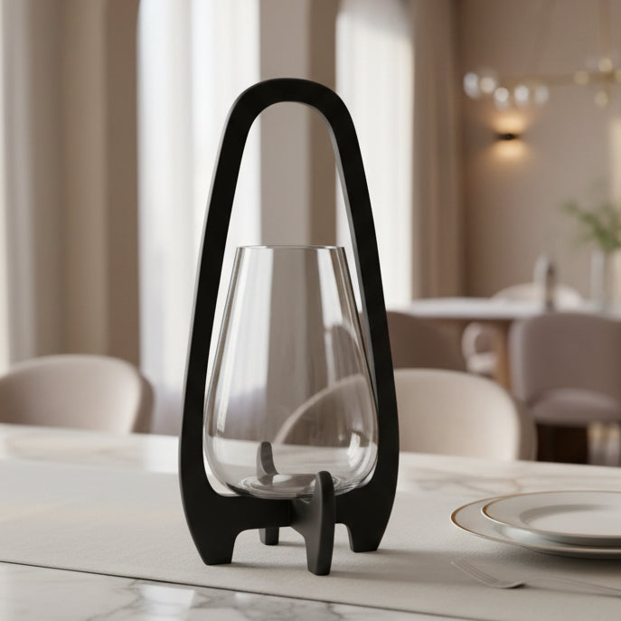 18"H GLASS LANTERN W/ WOOD HANDLE, BLACK Candle Holders| Sagebrook Home