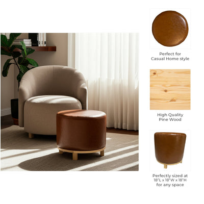 18x18" Faux Leather Ottoman With Wood Base, Brown - Al Rugaib Furniture