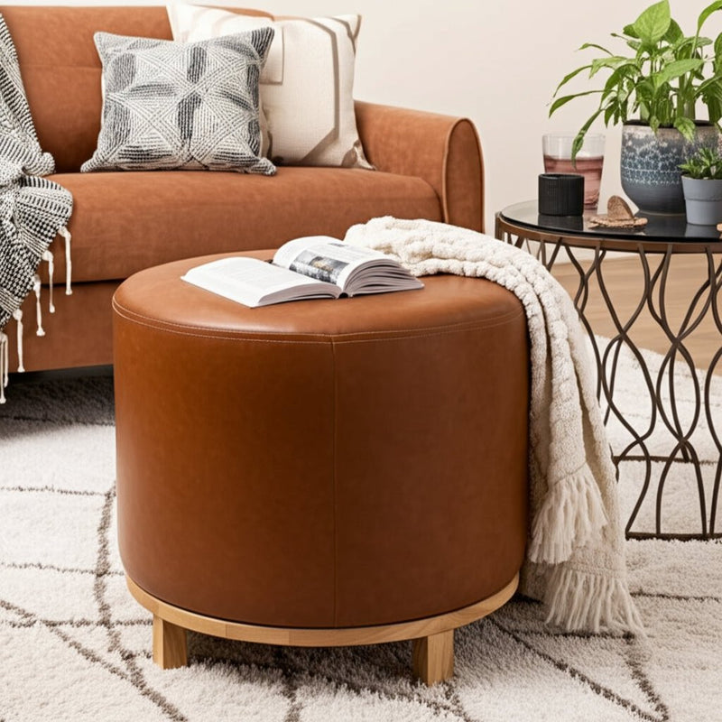 18x18" Faux Leather Ottoman With Wood Base, Brown - Al Rugaib Furniture