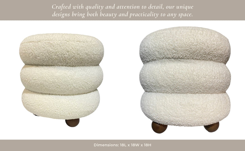 18x18" Ribbed Teddy Ottoman W/ Ball Feet, Ivory - Al Rugaib Furniture