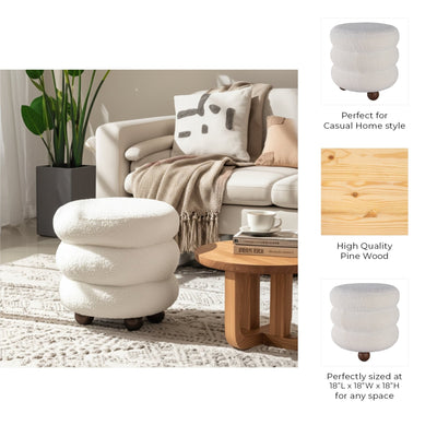 18x18" Ribbed Teddy Ottoman W/ Ball Feet, Ivory - Al Rugaib Furniture