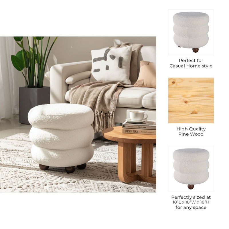 18x18" Ribbed Teddy Ottoman W/ Ball Feet, Ivory - Al Rugaib Furniture