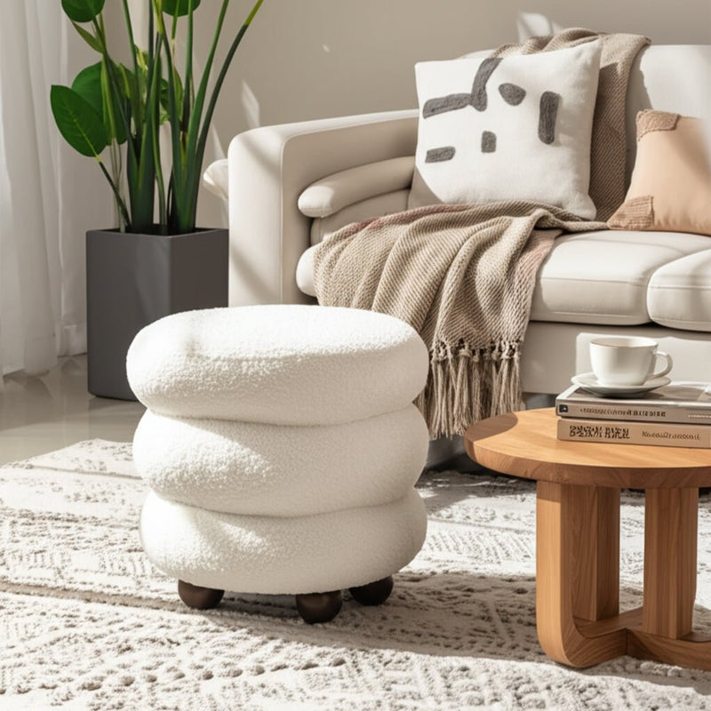 18x18" Ribbed Teddy Ottoman W/ Ball Feet, Ivory - Al Rugaib Furniture