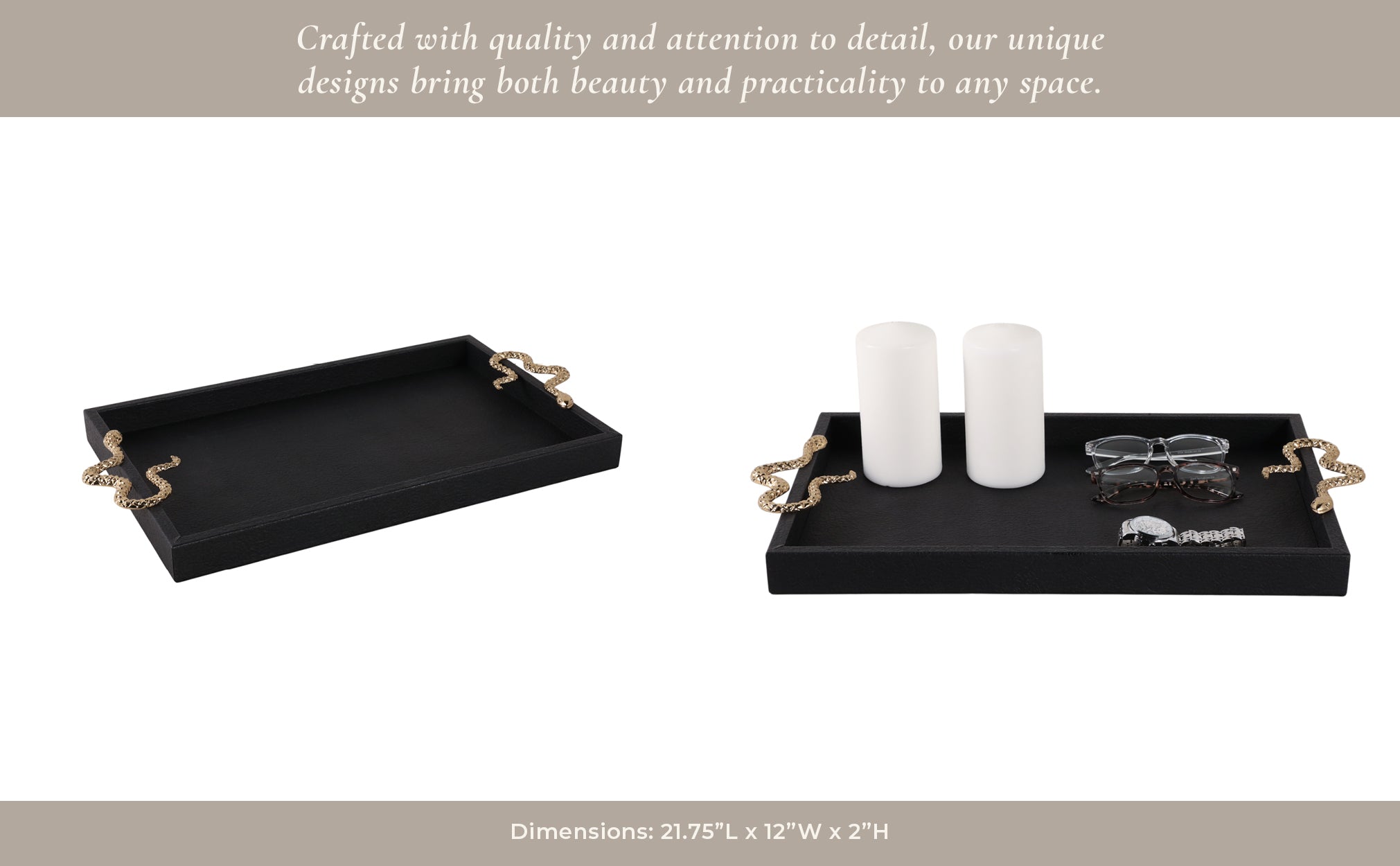 19x12" Faux Leather Snake Tray, Black/gold Table Decors| Sagebrook Home