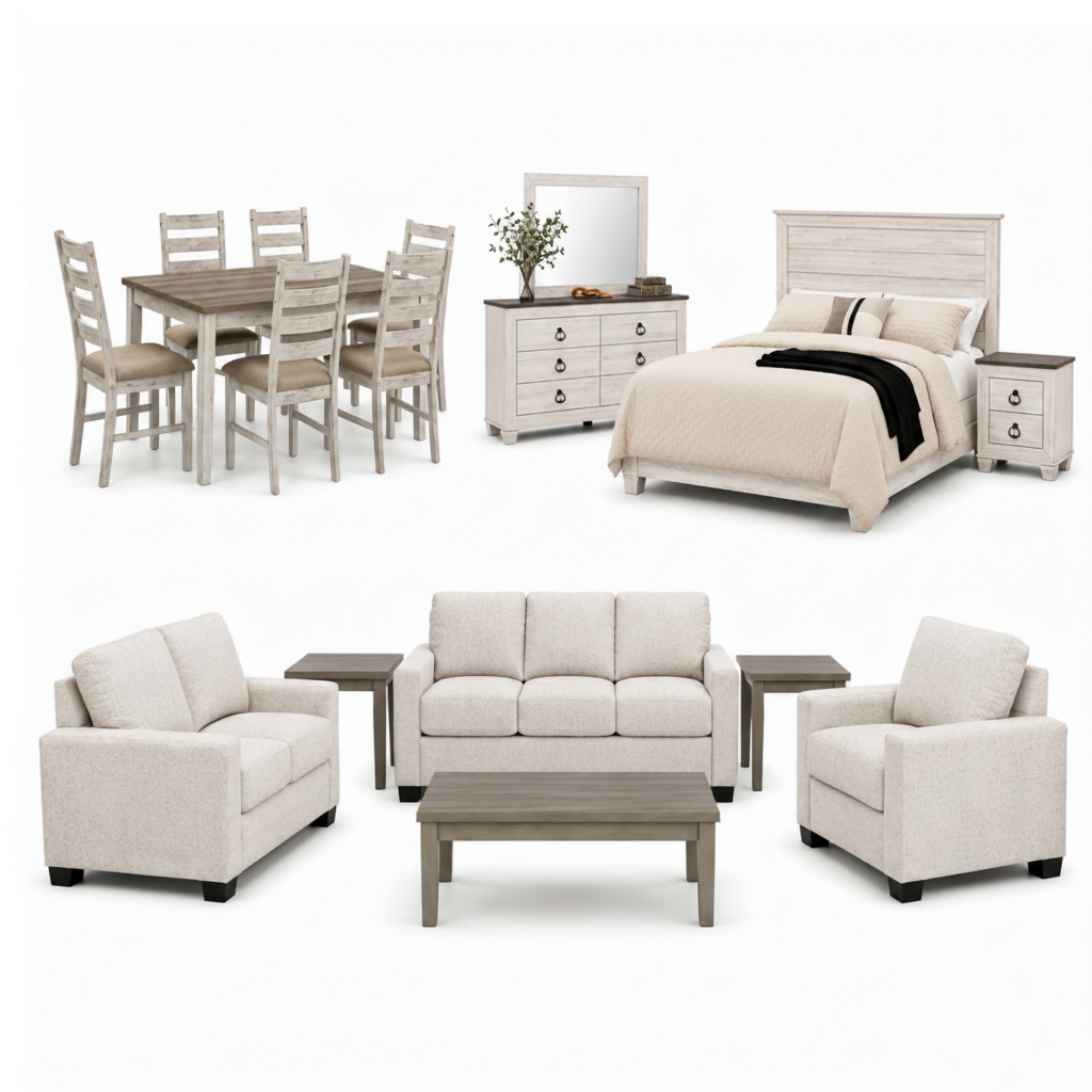 A furniture set shown in two coordinated room scenes on a white background: a dining set with a rectangular wood table and six upholstered chairs, plus a bedroom set with a bed, nightstand, dresser, and mirror. A black circular gift icon appears in the top-left corner.