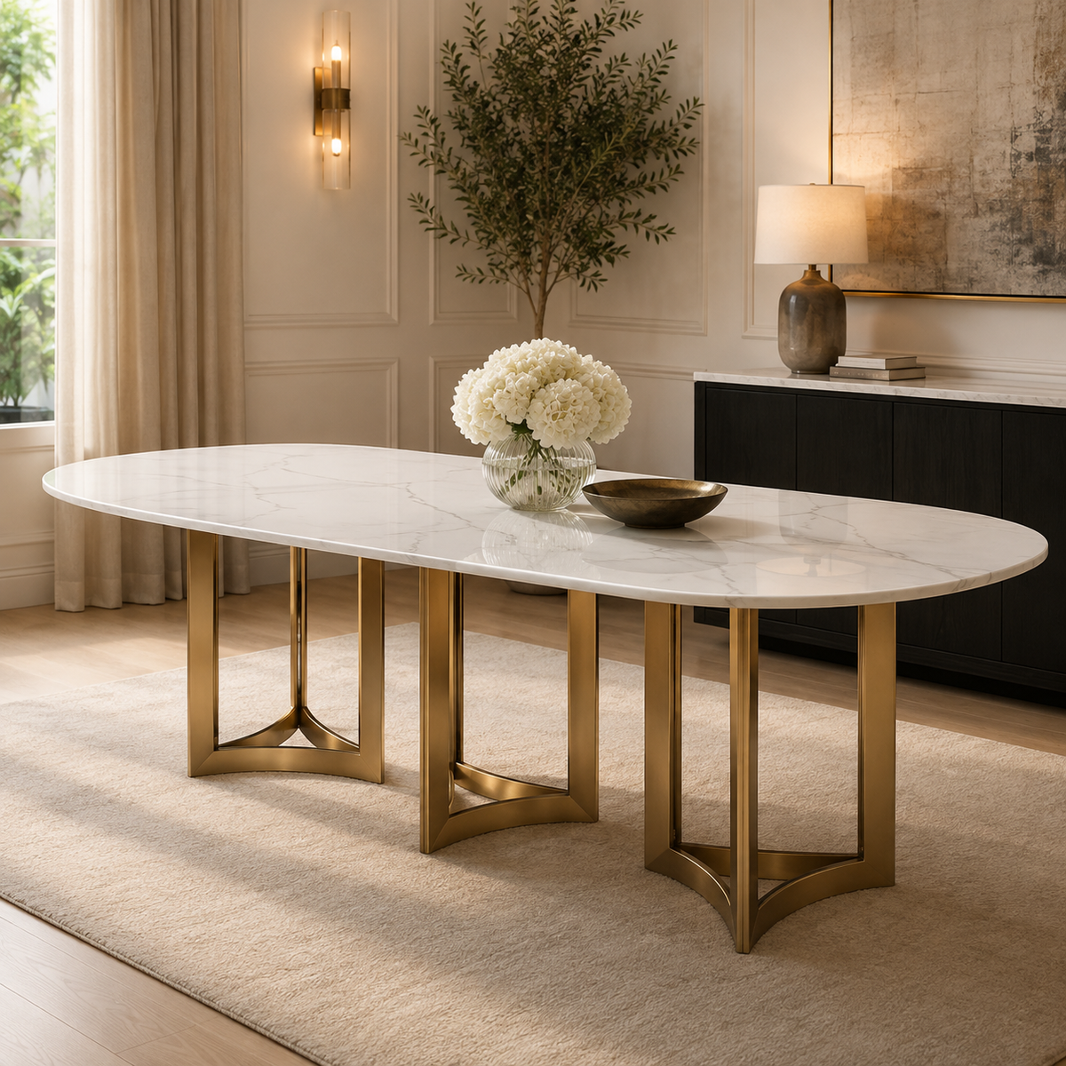 Alexa Dining Table Gold Base and 395 CM Oval White Marble