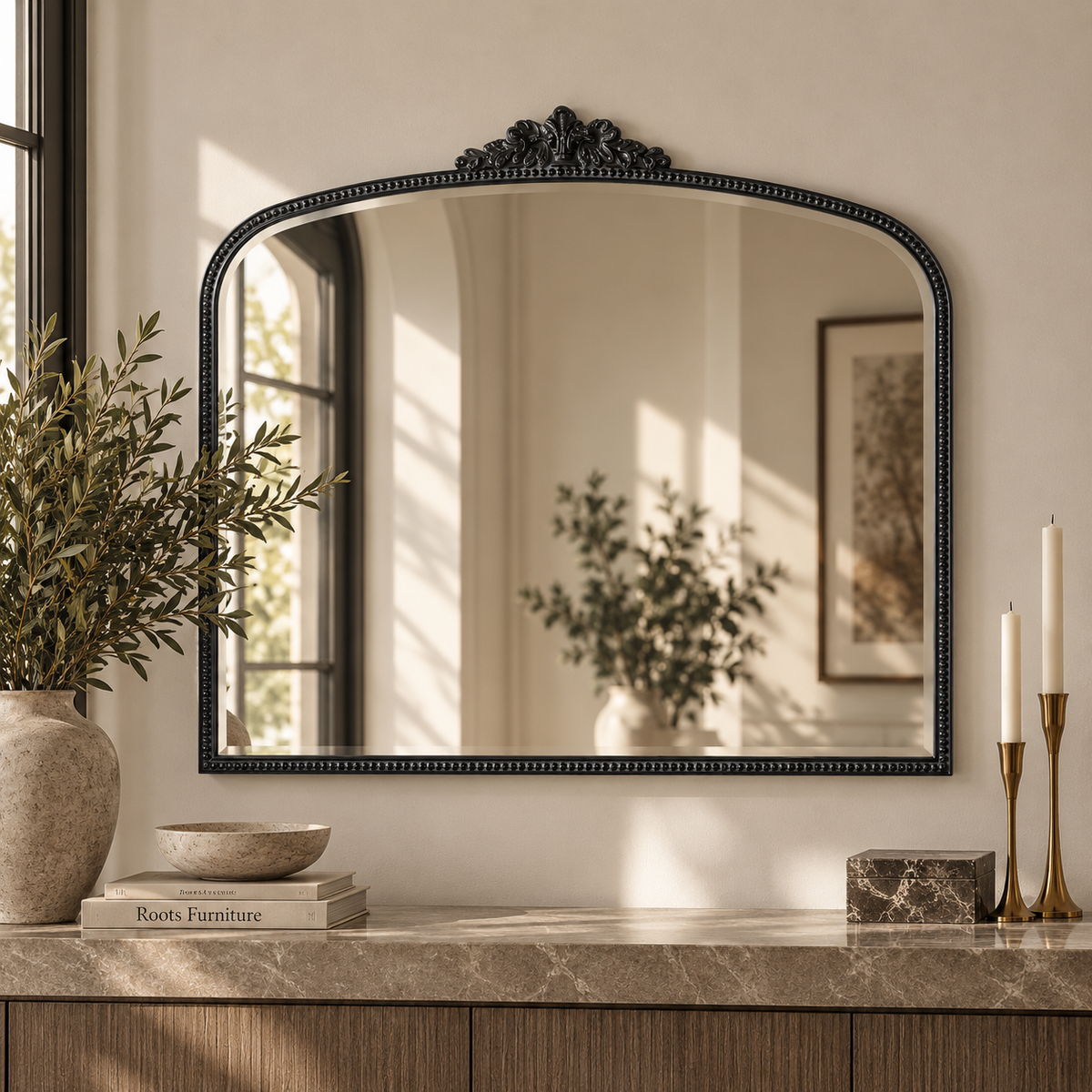 Bevel mirror, antique matt black finishing