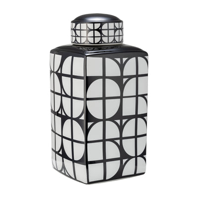 CER, 18H SQUARE JAR W/ LID, BLACK/WHITE