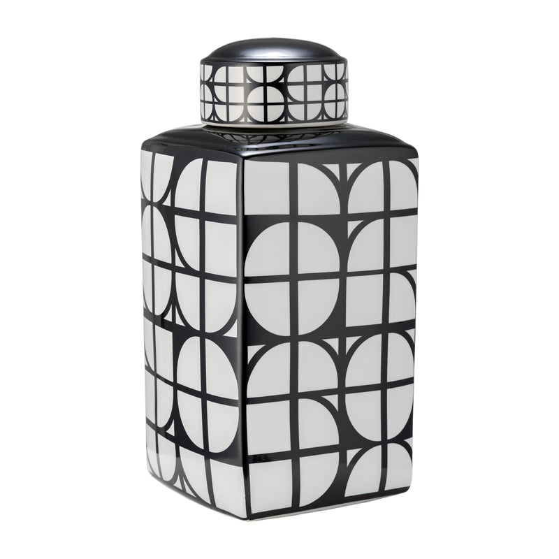CER, 18H SQUARE JAR W/ LID, BLACK/WHITE