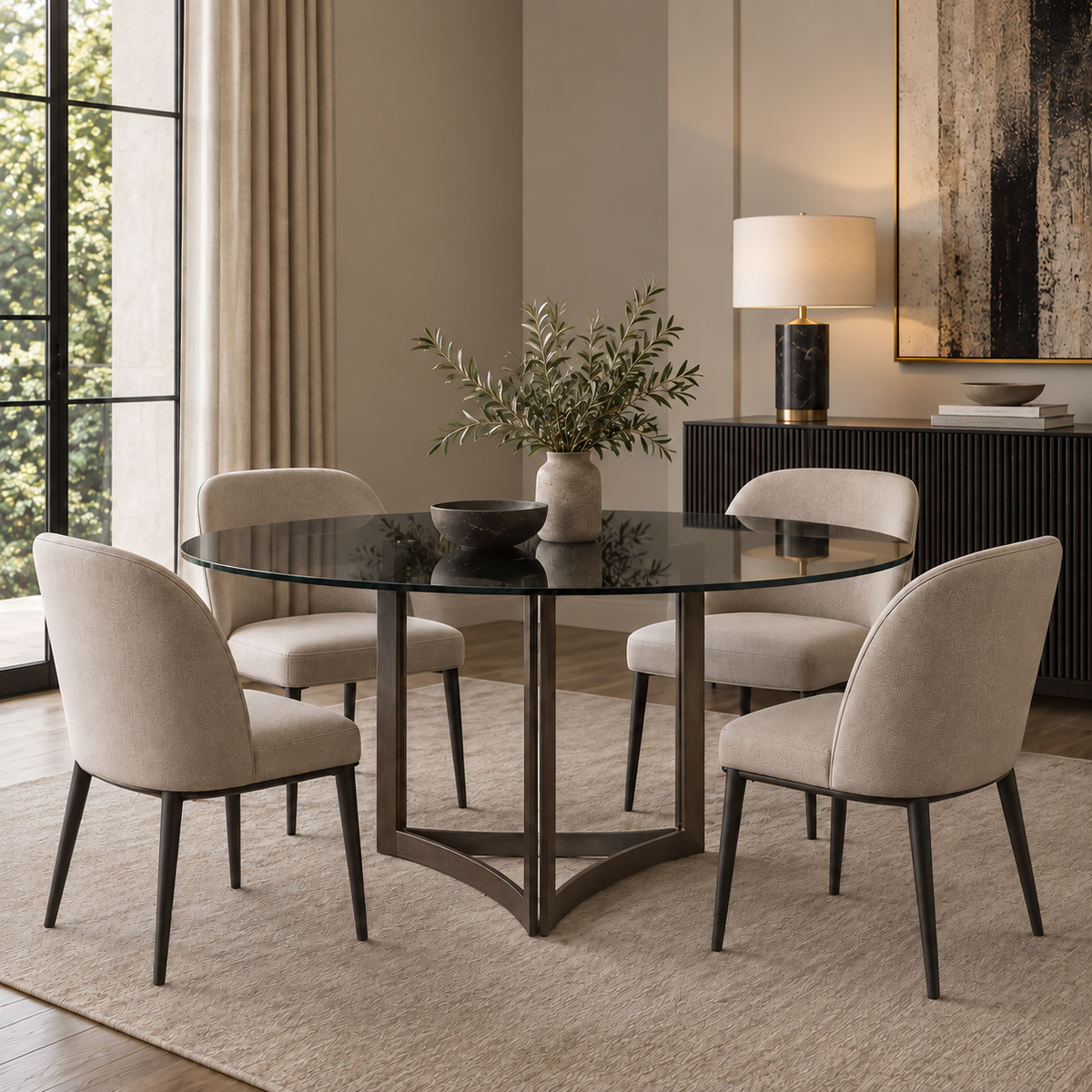 Alexa Dining Table Bronze Base and 150 CM Round Black Glass