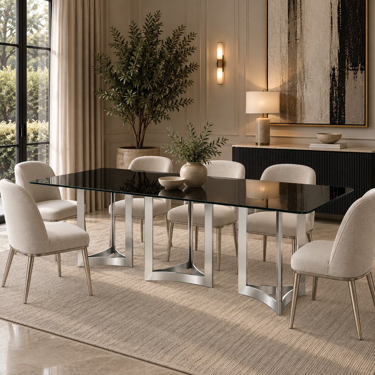 Alexa Dining Table Silver Base and 240 CM Black Glass
