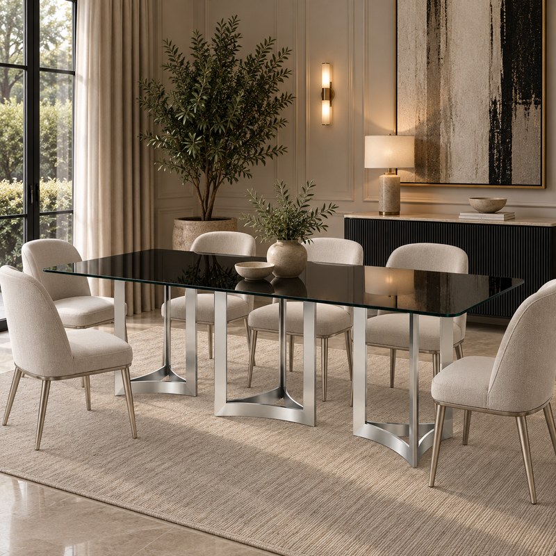 Alexa Dining Table Silver Base and 240 CM Black Glass