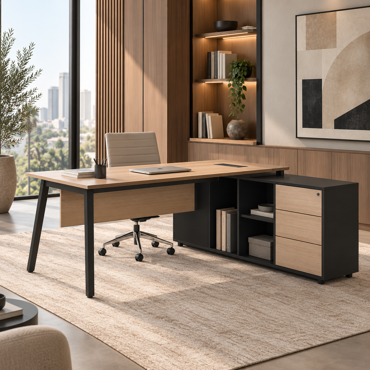Light Oak Office Desk with Lockable Side Return - Large