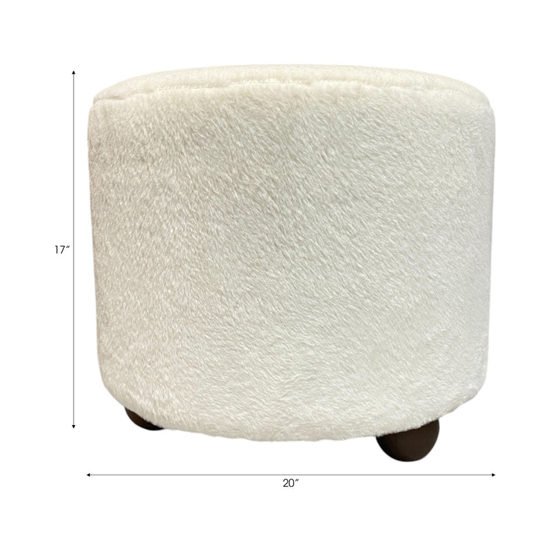 20" Faux Fur Ottoman W/ Ball Feet, Ivory - Al Rugaib Furniture