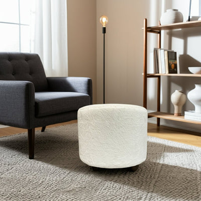 20" Faux Fur Ottoman W/ Ball Feet, Ivory - Al Rugaib Furniture