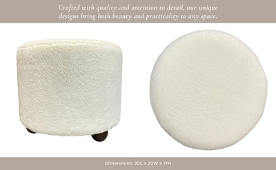 20" Faux Fur Ottoman W/ Ball Feet, Ivory - Al Rugaib Furniture