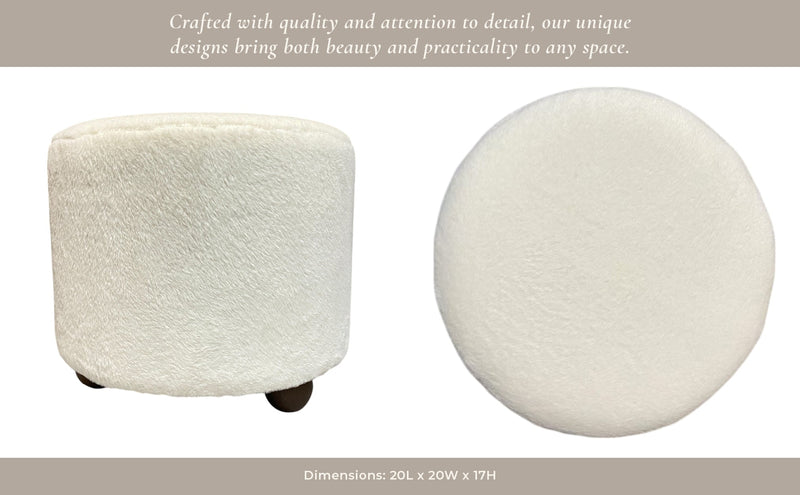 20" Faux Fur Ottoman W/ Ball Feet, Ivory - Al Rugaib Furniture