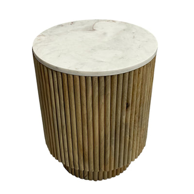 20" Ribbed Pedestal Table Marble Top, White/natura - Al Rugaib Furniture