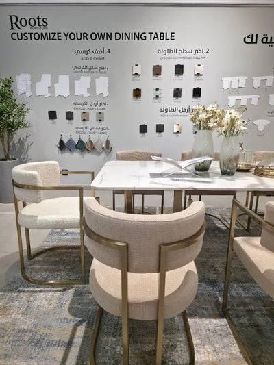 Alexa White Marble Dining Table Gold Base with 8 chairs