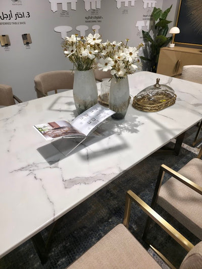 Alexa White Marble Dining Table Gold Base with 8 chairs
