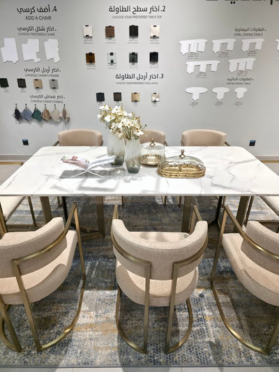 Alexa White Marble Dining Table Gold Base with 8 chairs