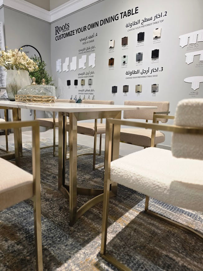 Alexa White Marble Dining Table Gold Base with 8 chairs