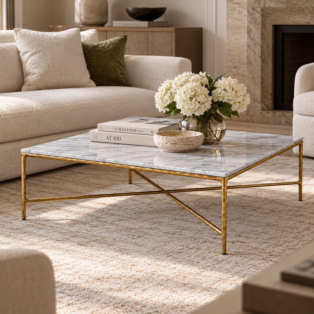 Square Gold Coffee Table with Marble Top