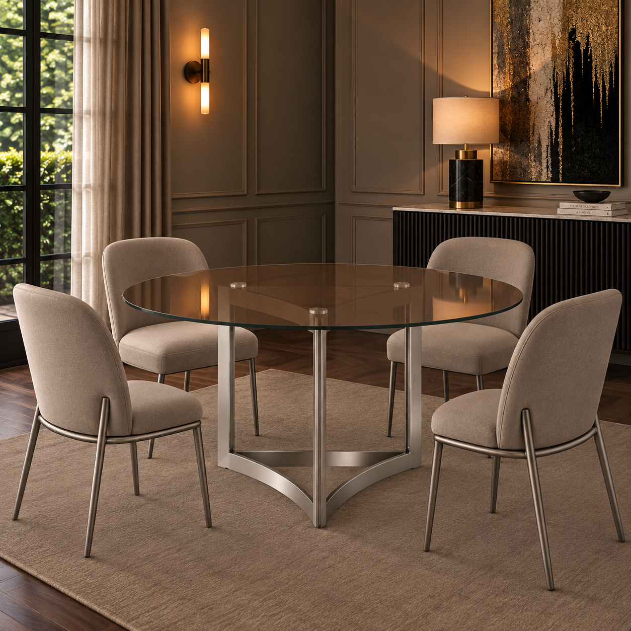 Alexa Dining Table Silver Base and 130 CM Round Gold Glass