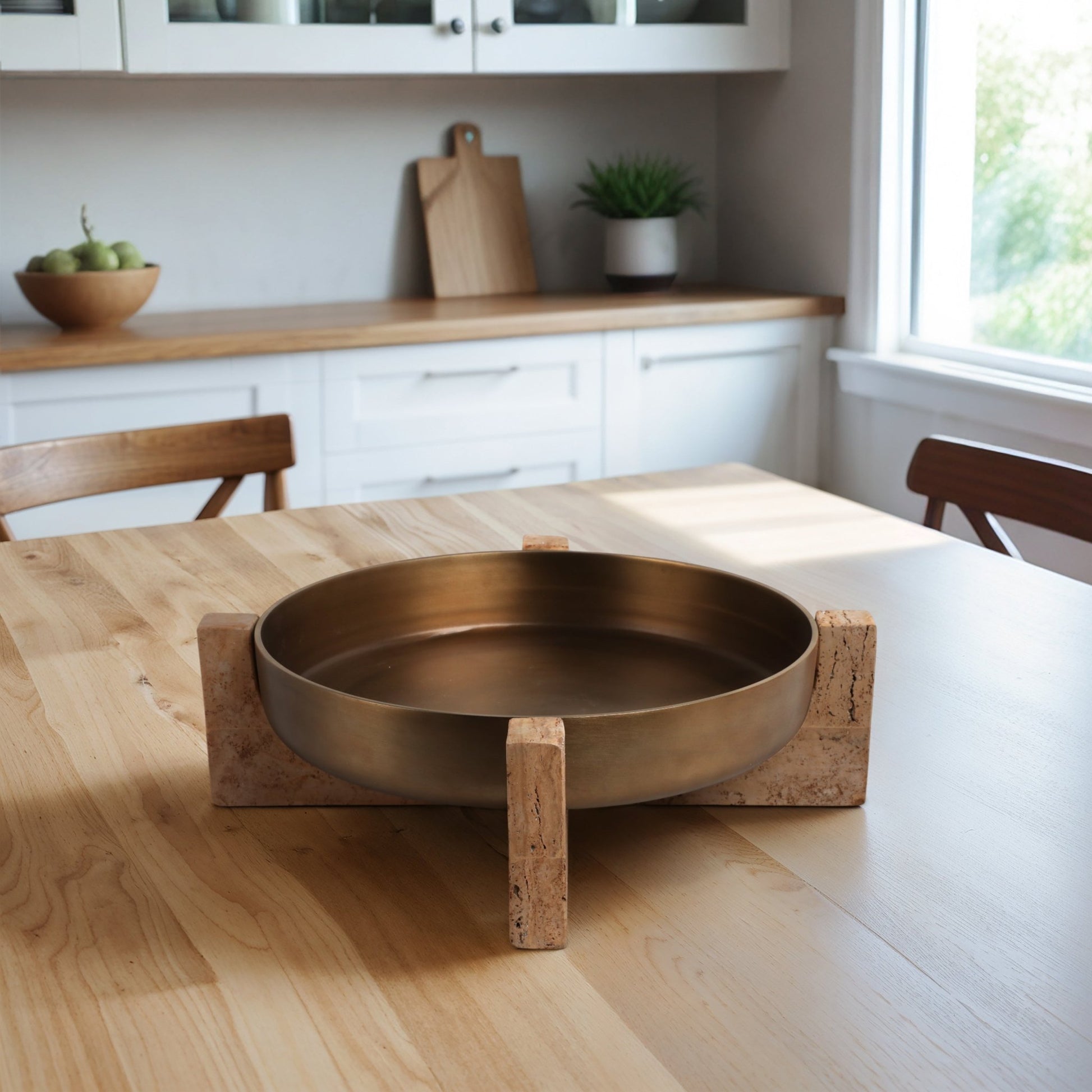 21" FRIDLEY BOWL WITH TRAVERTINE BASE Table Decors| Sagebrook Home