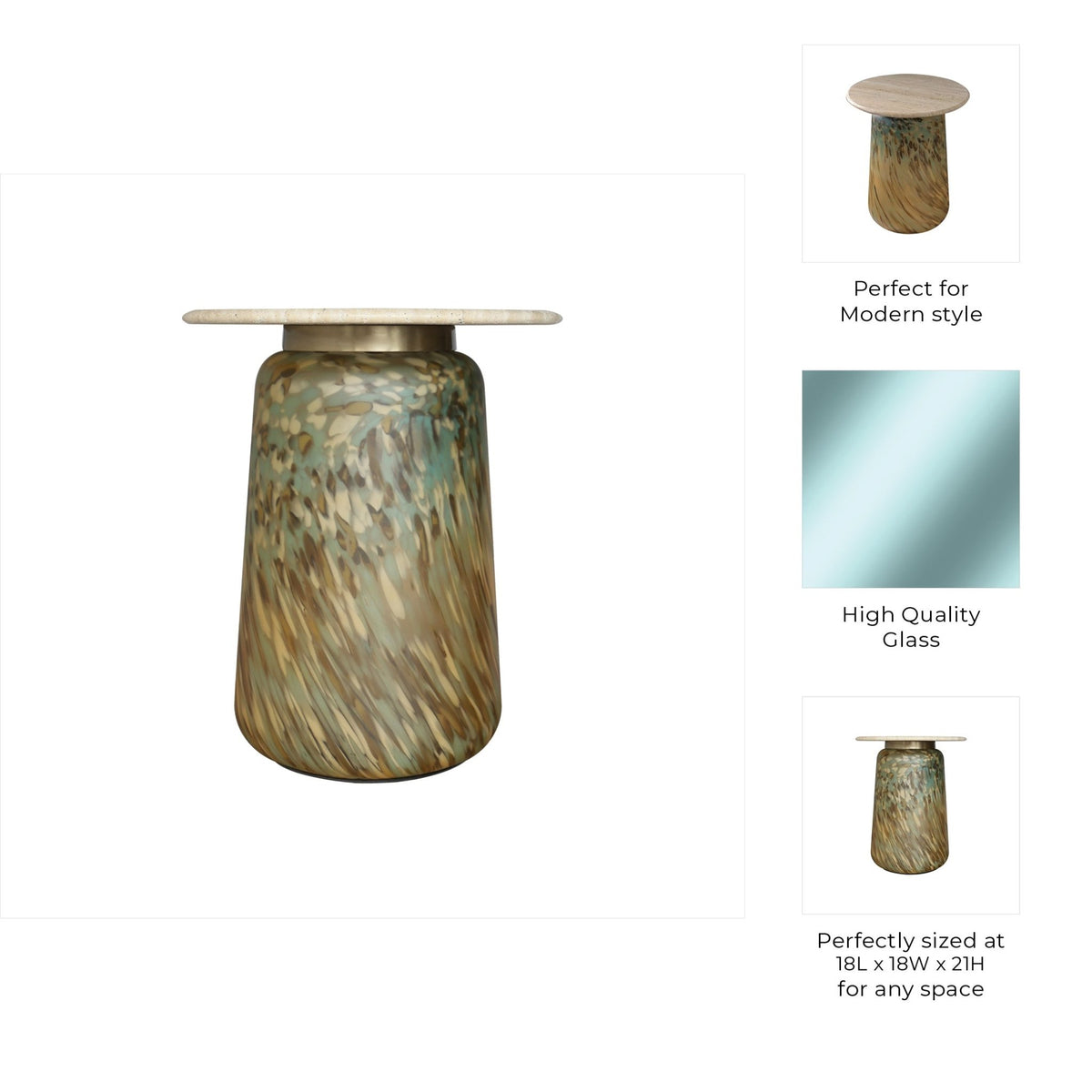 21" Madryn Short Art Table W/travertine Top, Green Accent & End Tables| Sagebrook Home