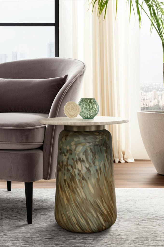 21" Madryn Short Art Table W/travertine Top, Green Accent & End Tables| Sagebrook Home