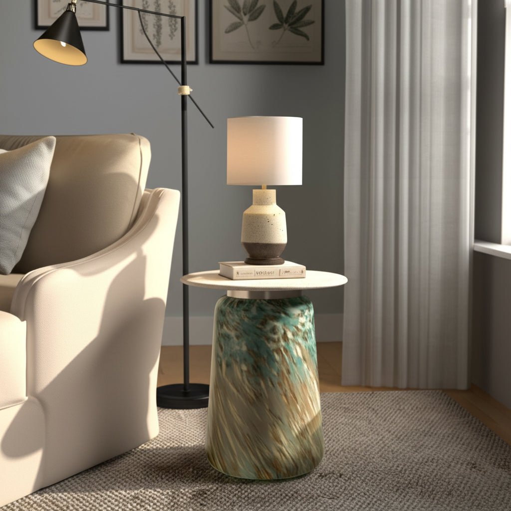21" Madryn Short Art Table W/travertine Top, Green Accent & End Tables| Sagebrook Home