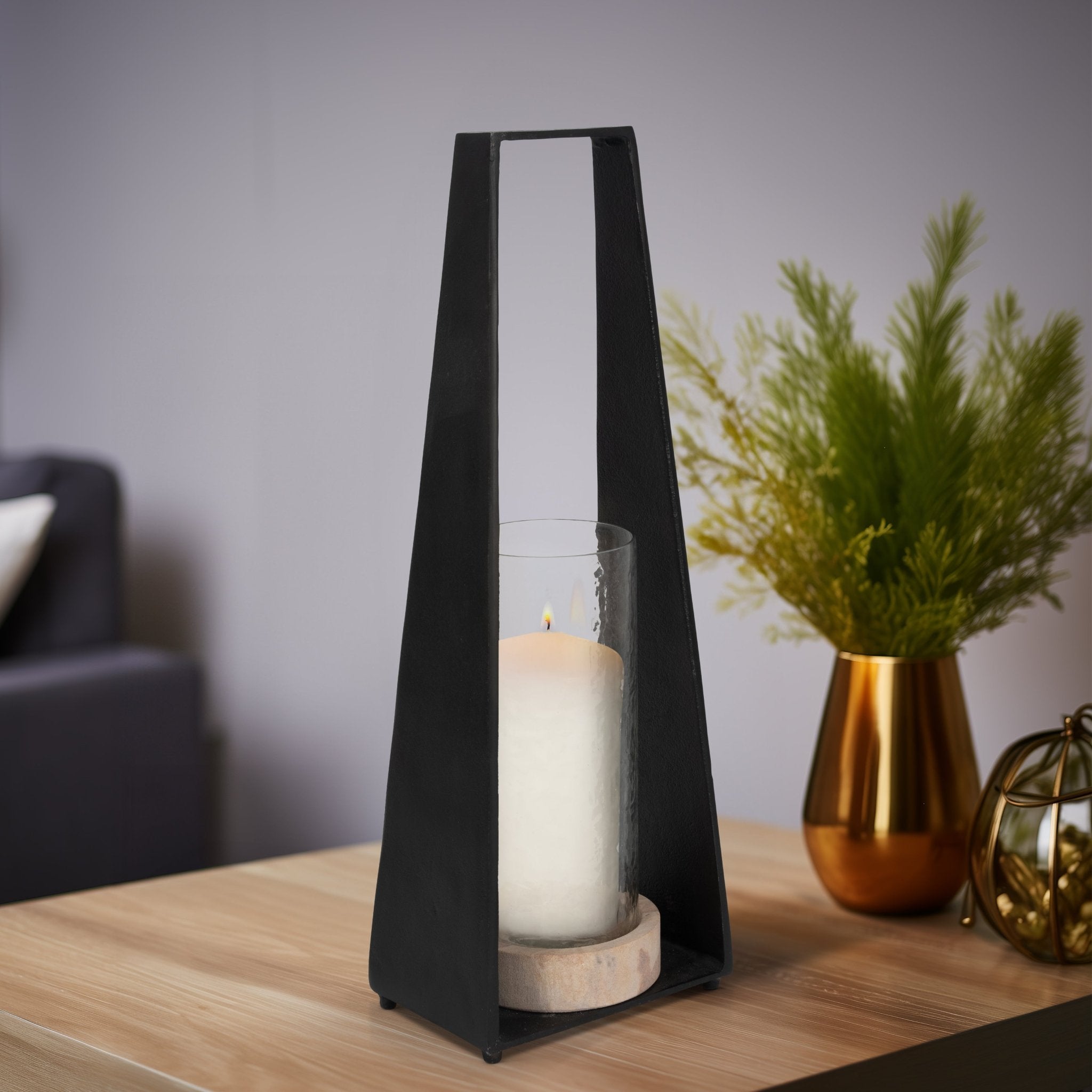21"MAVERICK LARGE METAL & SANDSTONE HURRICANE, BLA Candle Holders| Sagebrook Home