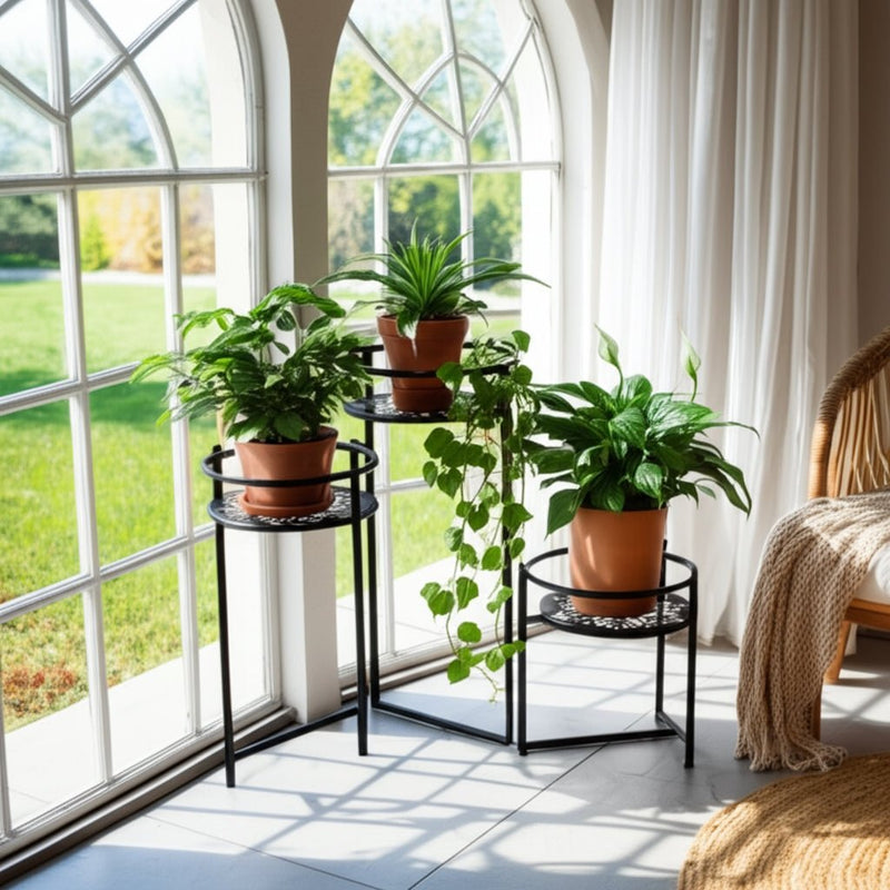 22" Folding 3 - tier Mandala Plant Stand, Black - Al Rugaib Furniture