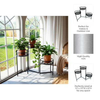 22" Folding 3 - tier Mandala Plant Stand, Black - Al Rugaib Furniture