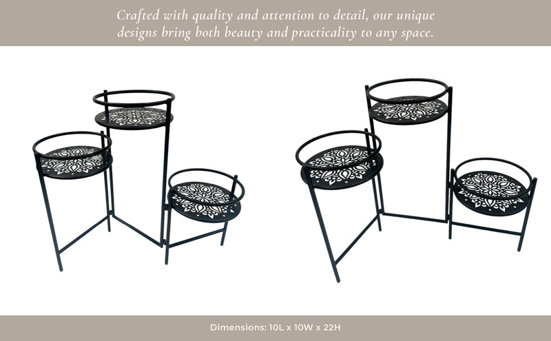 22" Folding 3 - tier Mandala Plant Stand, Black - Al Rugaib Furniture