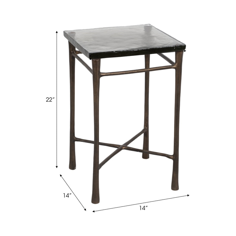 22" Thick Glass Top Square Accent Tale, Antique Br - Al Rugaib Furniture