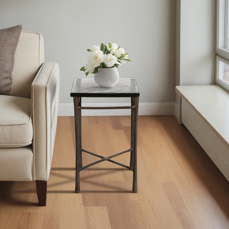 22" Thick Glass Top Square Accent Tale, Antique Br - Al Rugaib Furniture