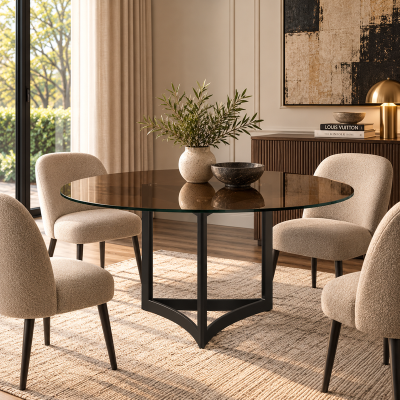 Alexa Dining Table Black Base and 180 CM Round Gold Glass