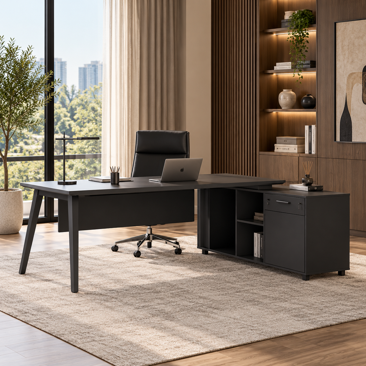 Pure Black Office Desk with Lockable Side Return - Large