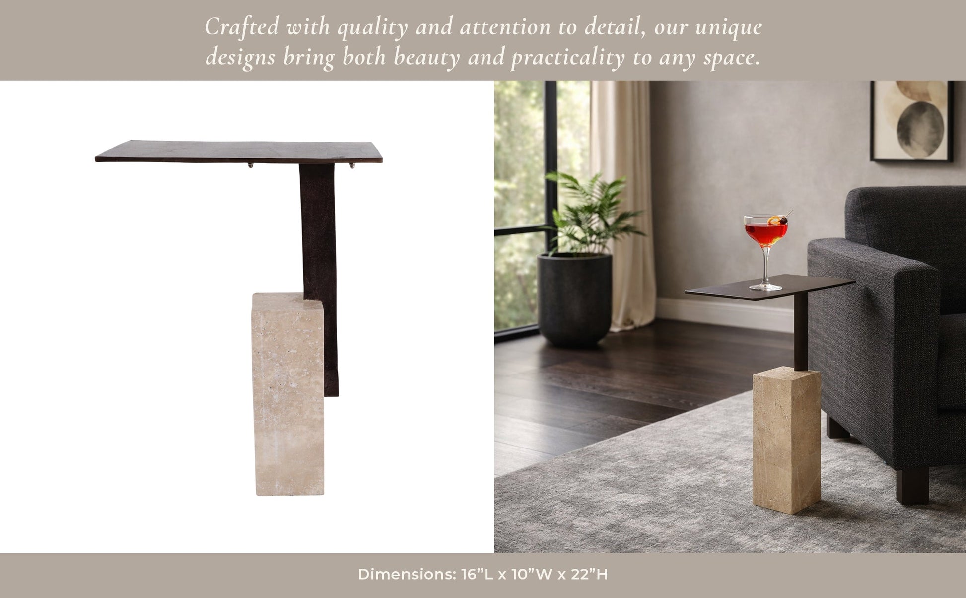 22x16" Travertine Block Base Accent Table, Bronze Accent & End Tables| Sagebrook Home