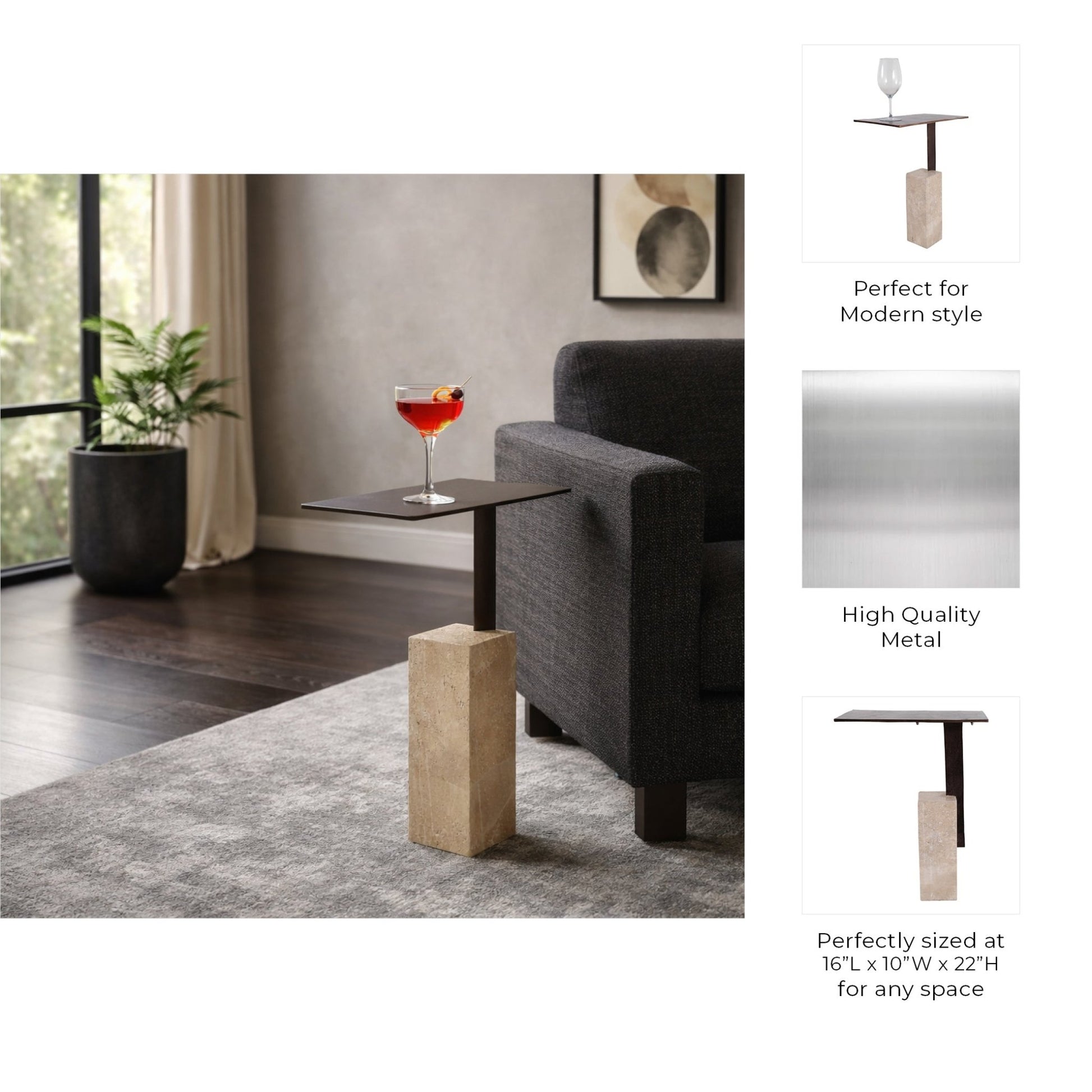 22x16" Travertine Block Base Accent Table, Bronze Accent & End Tables| Sagebrook Home