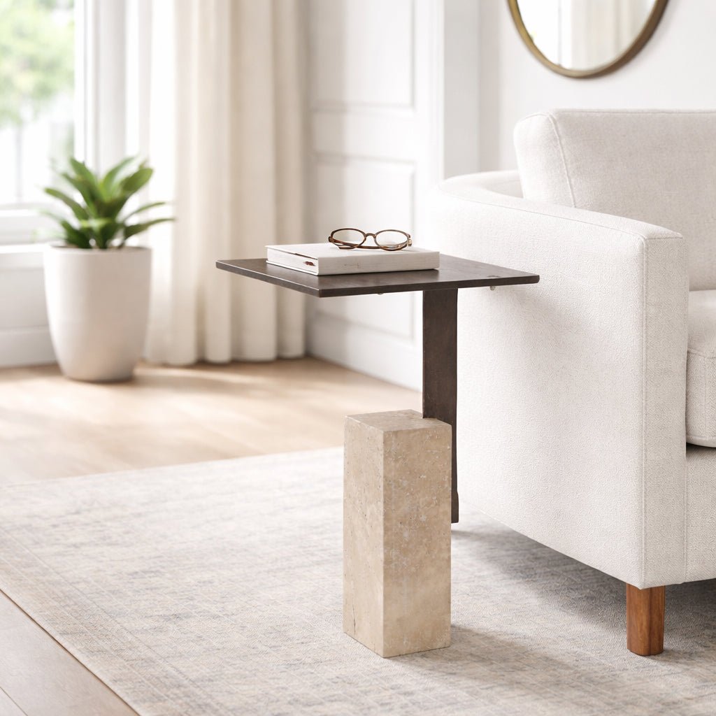 22x16" Travertine Block Base Accent Table, Bronze Accent & End Tables| Sagebrook Home