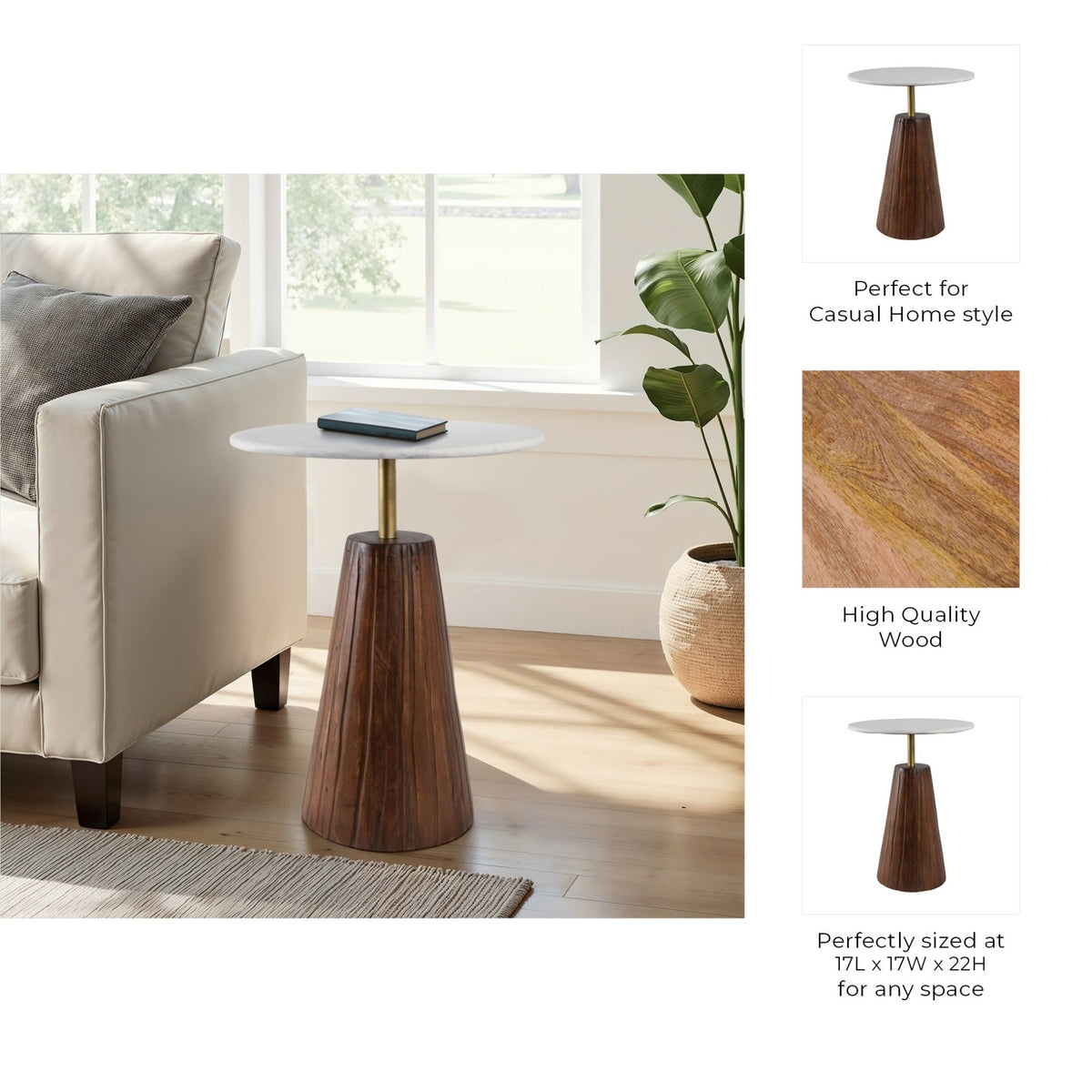 22X17" FLUTED BASE MARBLE TOP ACCENT TABLE,WHT/BRW Accent & End Tables| Sagebrook Home